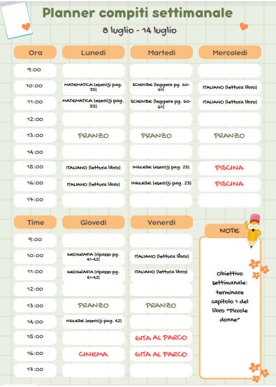 Planner settimanale per i compiti delle vacanze